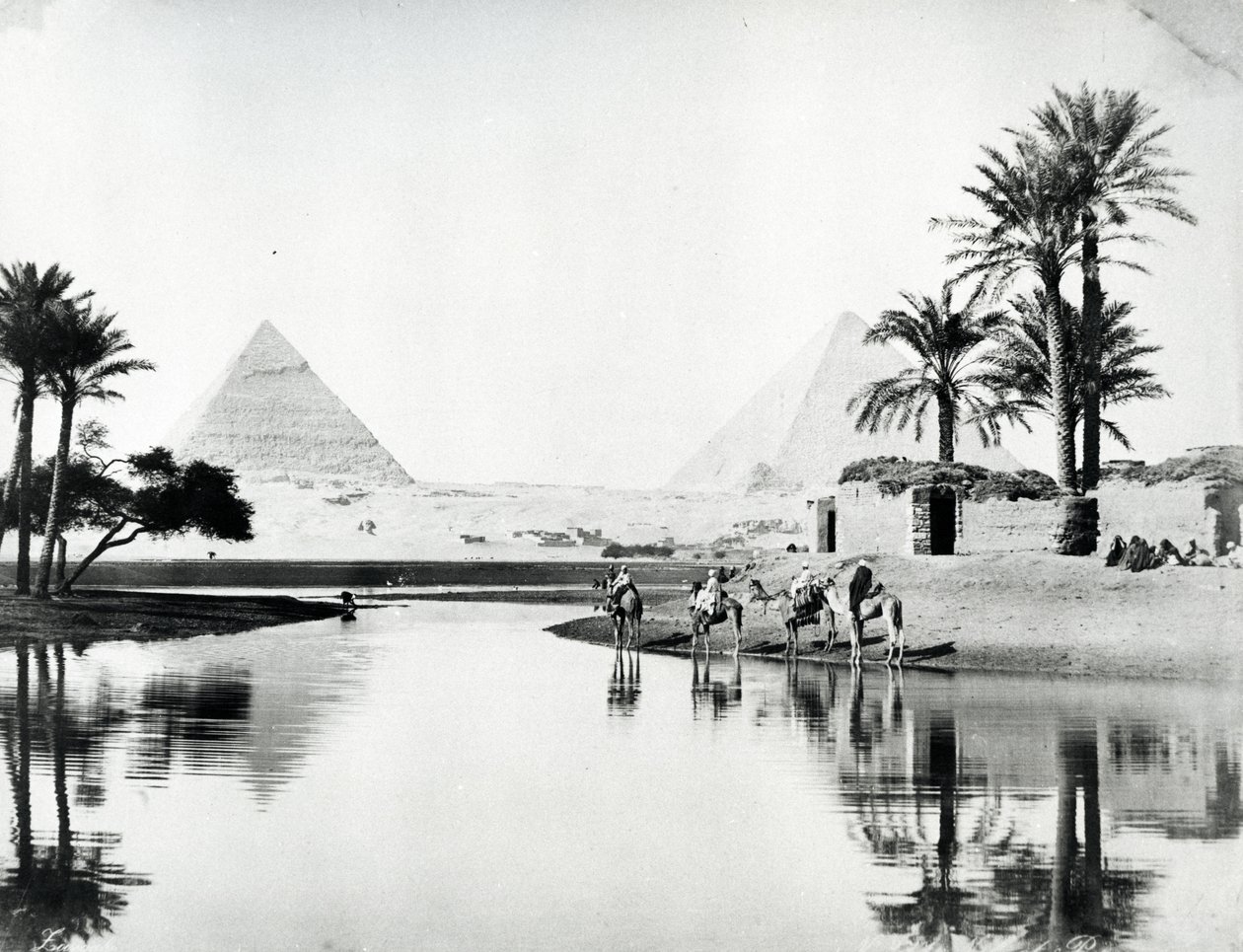 Pyramidene i Khufu og Khafre fra Nilflommen, ca. 1880 av Langaki