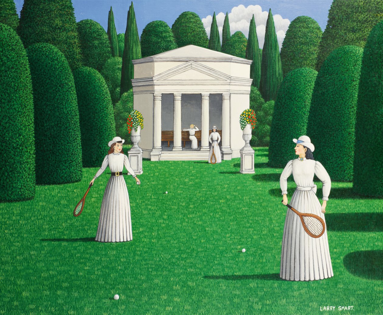 Edwardian Ladies Playing Tennis, 1978 (akryl på lin) av Larry Smart