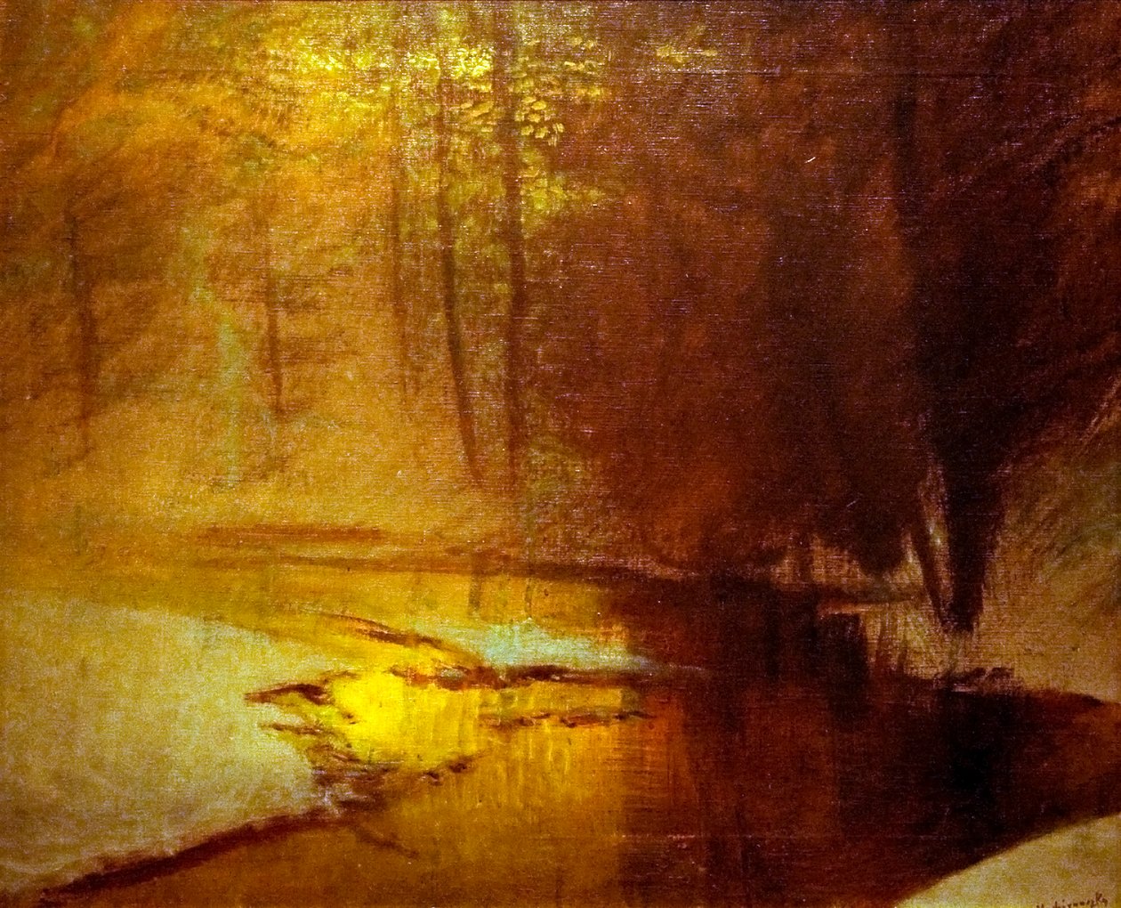 Aranylo fenyek a teli erdobenn Engelsk: Golden_Lights_in_the_Winter_Forestn av Laszlo Mednyanszky