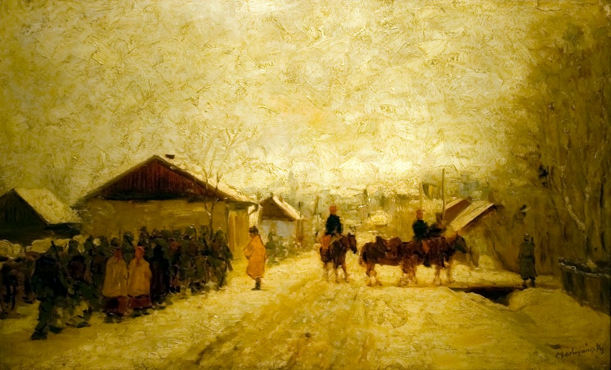 Teli tajban vonulo katonakn Engelsk: Marching_Soldiers_in_Winter_Landscapen av Laszlo Mednyanszky