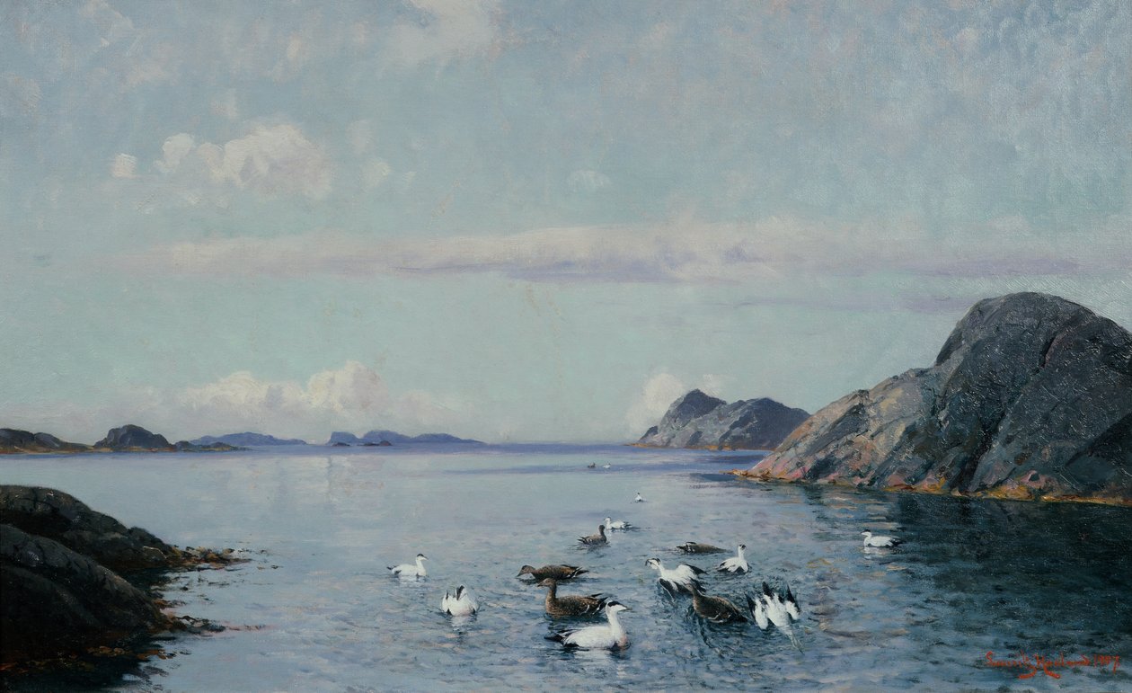 Sørkysten med sjøfugler av Lauritz Haaland
