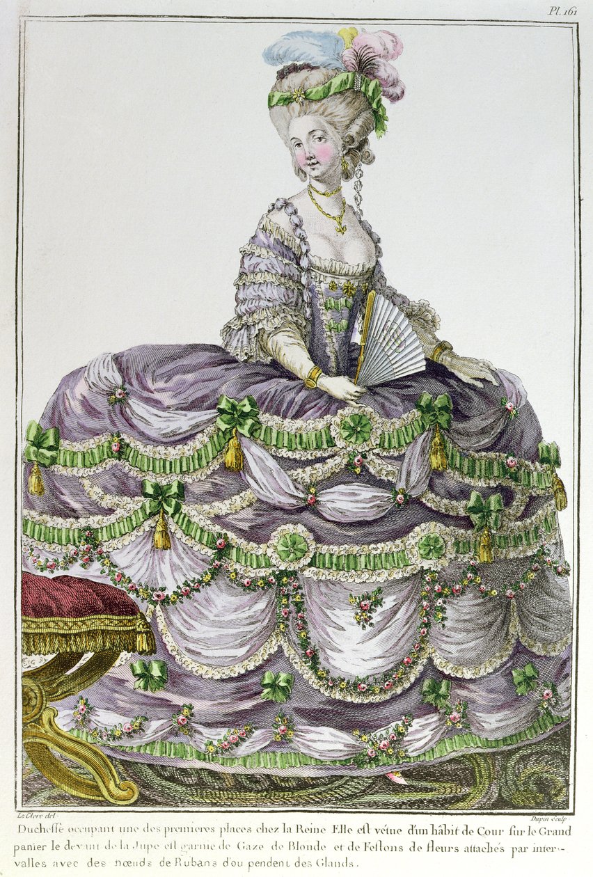 En hertuginne ved hoffet til Louis XVI iført en kjole med panier, plate nummer 161 fra 