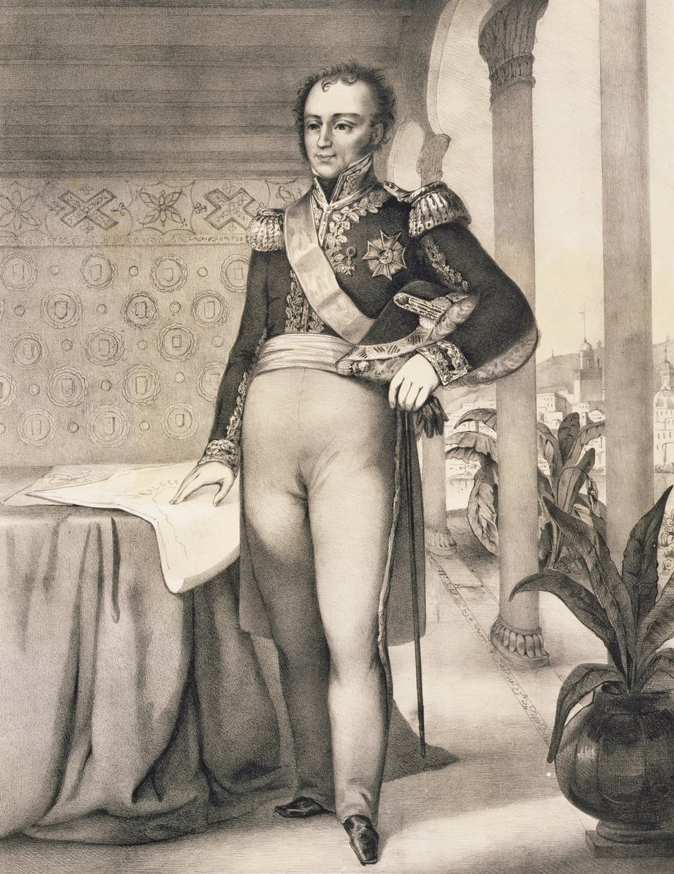 Portrett av Comte de Bourmont (1773-1846), øverstkommanderende for Afrika-ekspedisjonen, fra et bind til minne om den franske ekspedisjonsstyrken som erobret Alger i 1830 av Leberthais