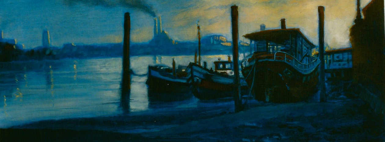 Chelsea Dusk 2002 (olje på papir) Thames husbåter av Lee Campbell