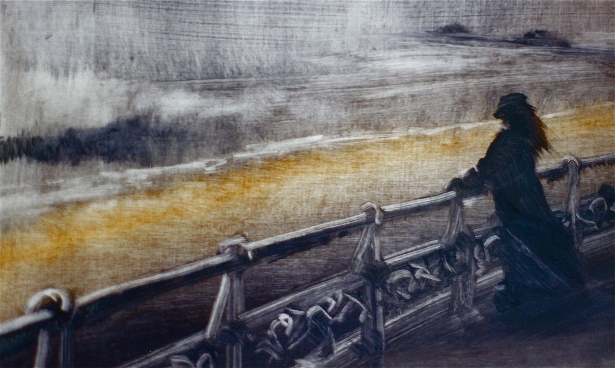 Courage, 2001 (olje på papir) Vind ved kysten, figur av Lee Campbell
