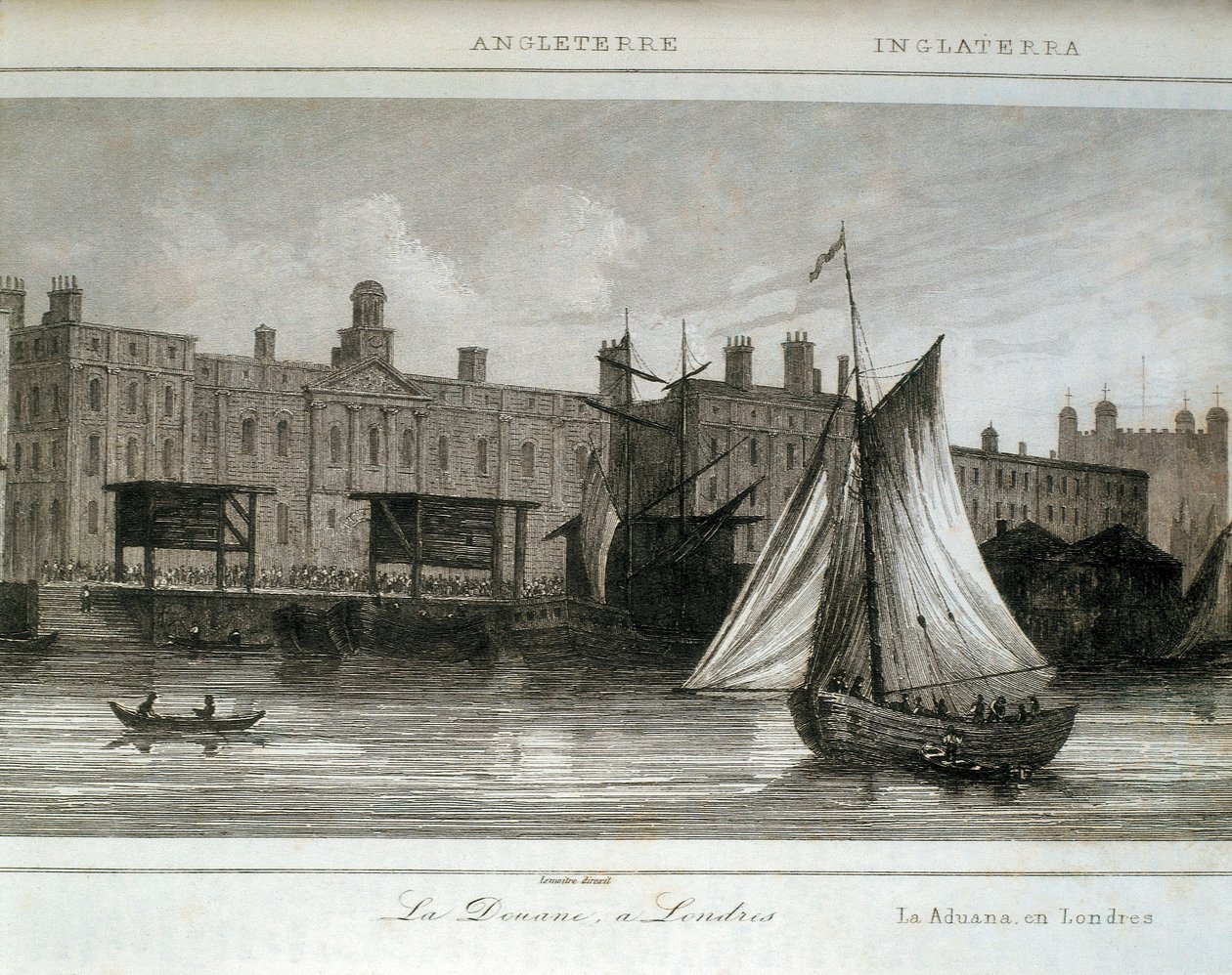 London Customs på Themsen, England (gravering) av Lemaitre