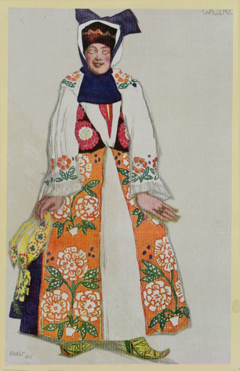 Kostymedesign for en bondekvinne, fra Sadko, 1917 av Leon Bakst