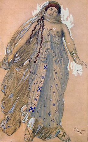 Phaedra, kostymedesign for Euripides-dramaet Hippolytos, 1902 (wc og olje på papp) av Leon Bakst