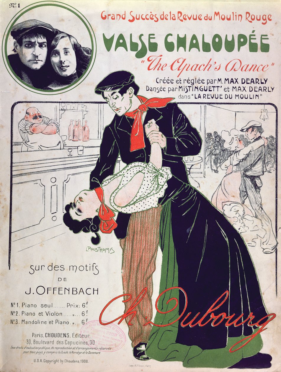 Forsideillustrasjon av partituret til 'Valse Chaloupee' ('The Apache's Dance), fremført på 'Revue du Moulin, Paris, 1908 av Leon Pousthomis