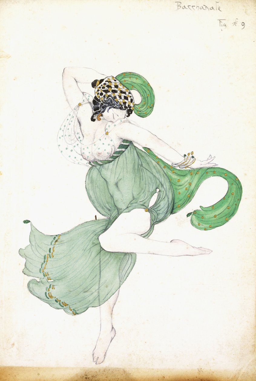 Kostymedesign for "Bacchanale", solistballerina, av Leon Bakst
