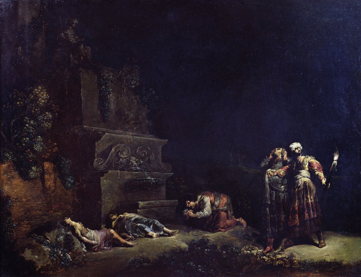 Oppdagelsen av kroppene til Pyramus og Thisbe, ca. 1630-35 (olje på kobber) av Leonard Bramer