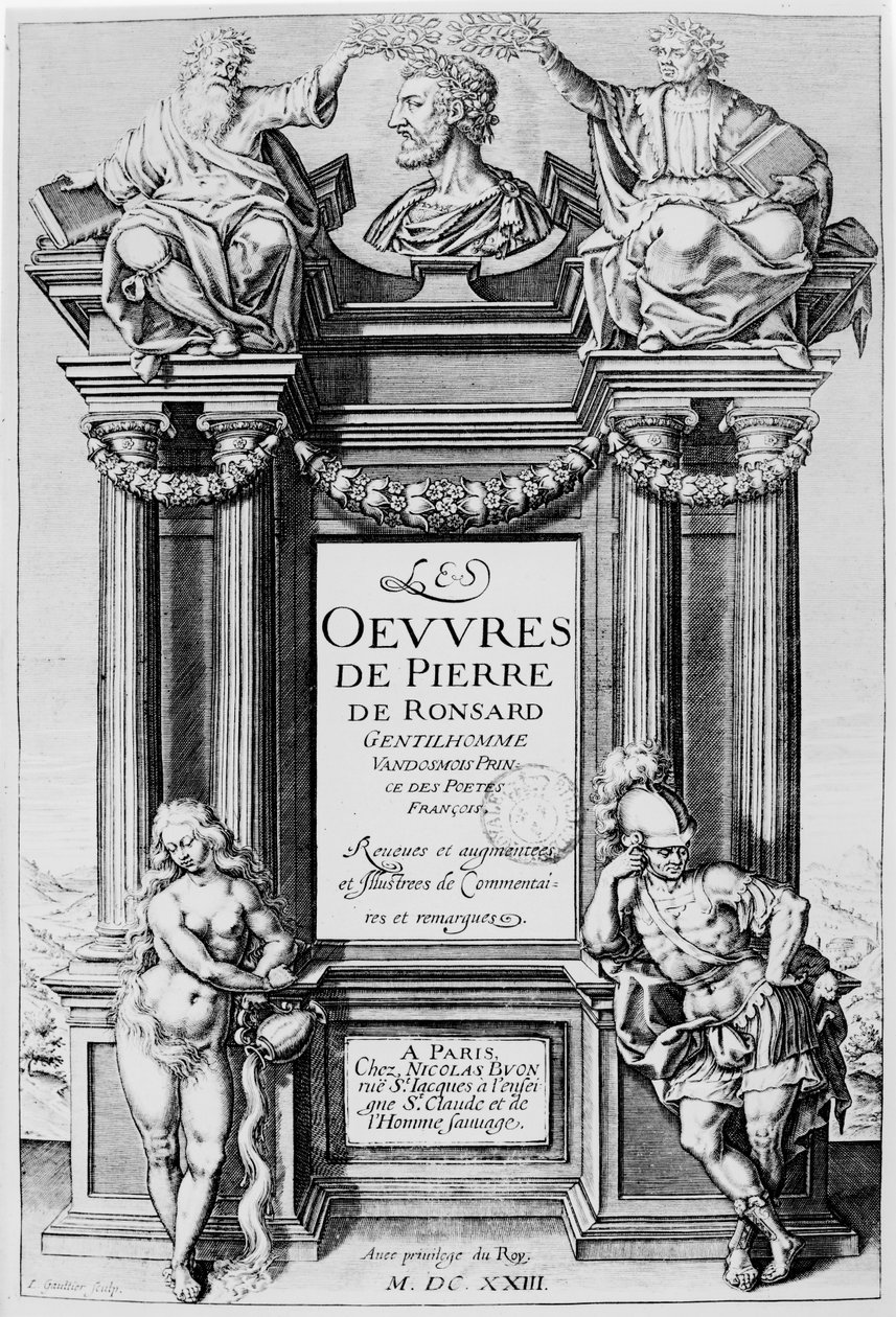 Frontispice av 'Oeuvres' av Pierre de Ronsard (1524-85) 1623 av Leonard Gaultier