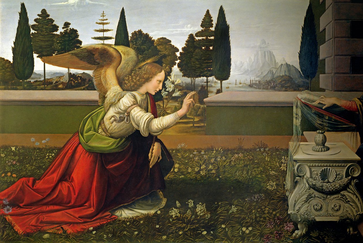 Angel Gabriel, fra kunngjøringen, 1472-75 (detalj) (etter restaurering) av Leonardo da Vinci