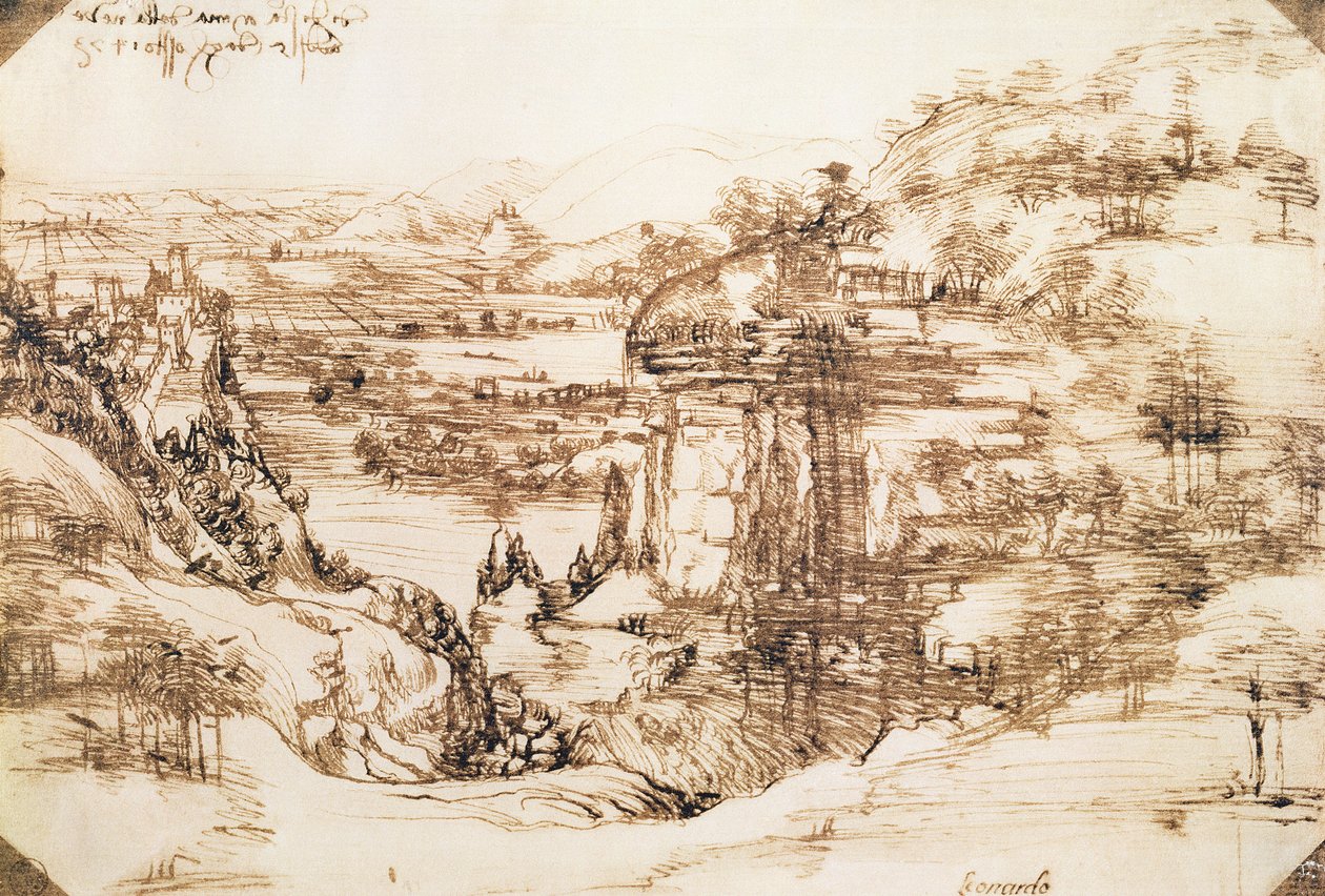 Arno Landscape, 5. august 1473 (penn og blekk på papir) av Leonardo da Vinci