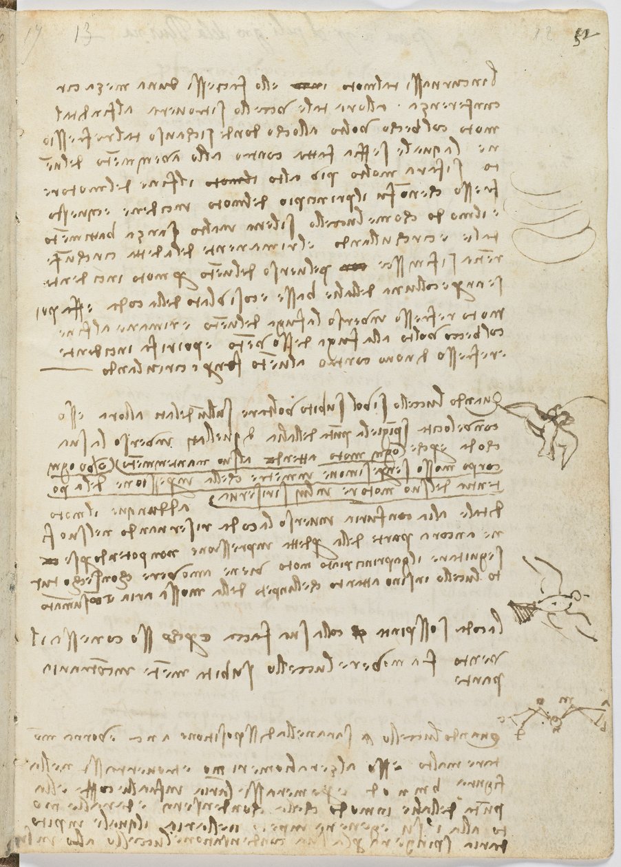 Fuglers flykode, c. 1505-06, papirmanuskript, cc. 18, ark 12 recto av Leonardo da Vinci