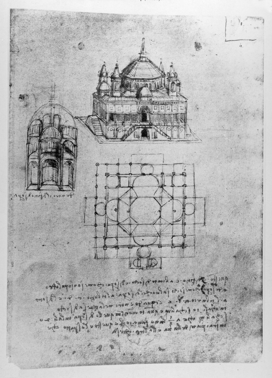 Design for en kirke, fol. 4r av Leonardo da Vinci