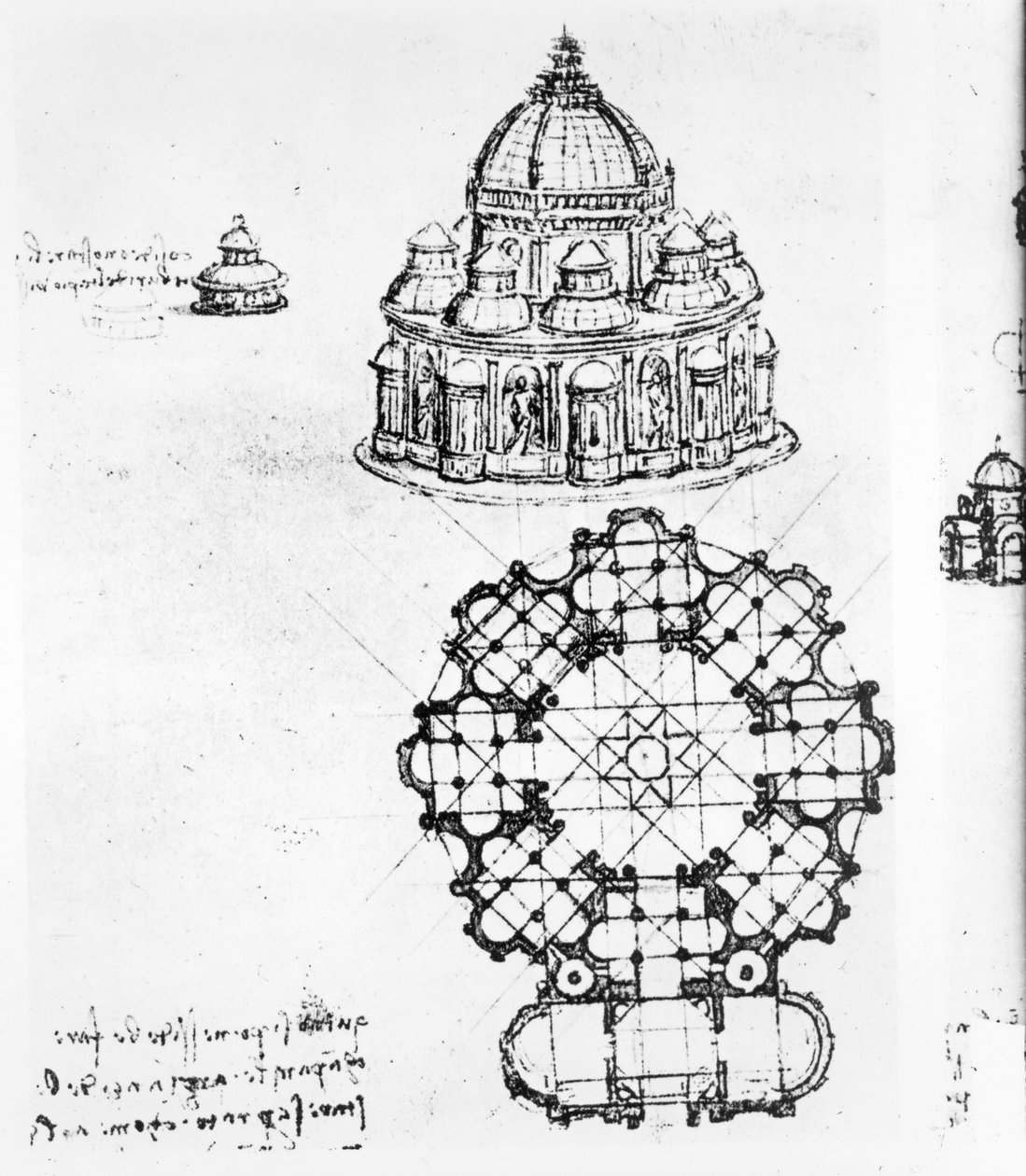 Detalj av en sentralisert kirke, c.1488 penn og blekk og vask over svart kritt av Leonardo da Vinci