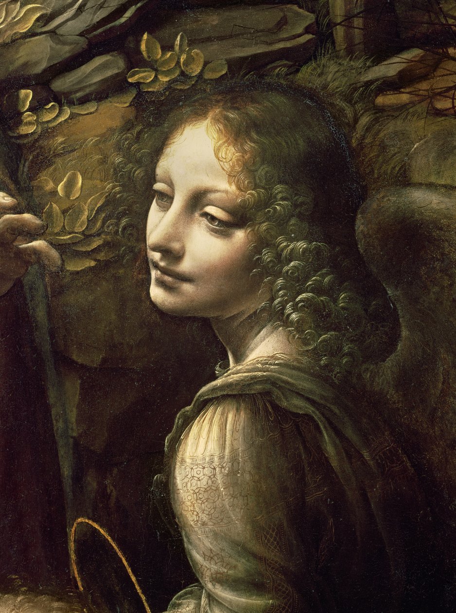 Detalj av engelen, fra The Virgin of the Rocks (Jomfruen med spedbarnet St. John som tilber spedbarnet Kristus akkompagnert av en engel), ca. 1508 av Leonardo da Vinci