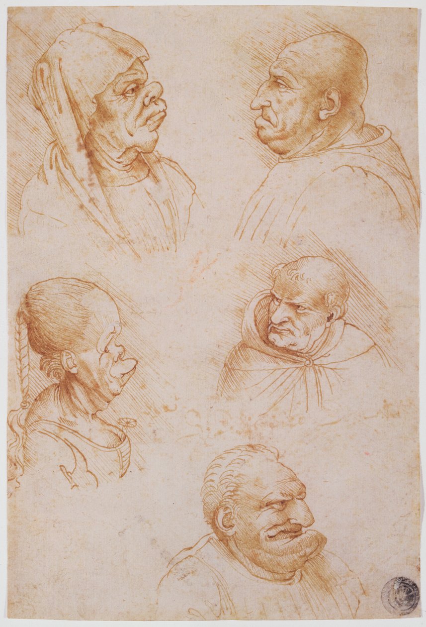 Fem studier av groteske ansikter (rødt kritt på papir) av Leonardo da Vinci