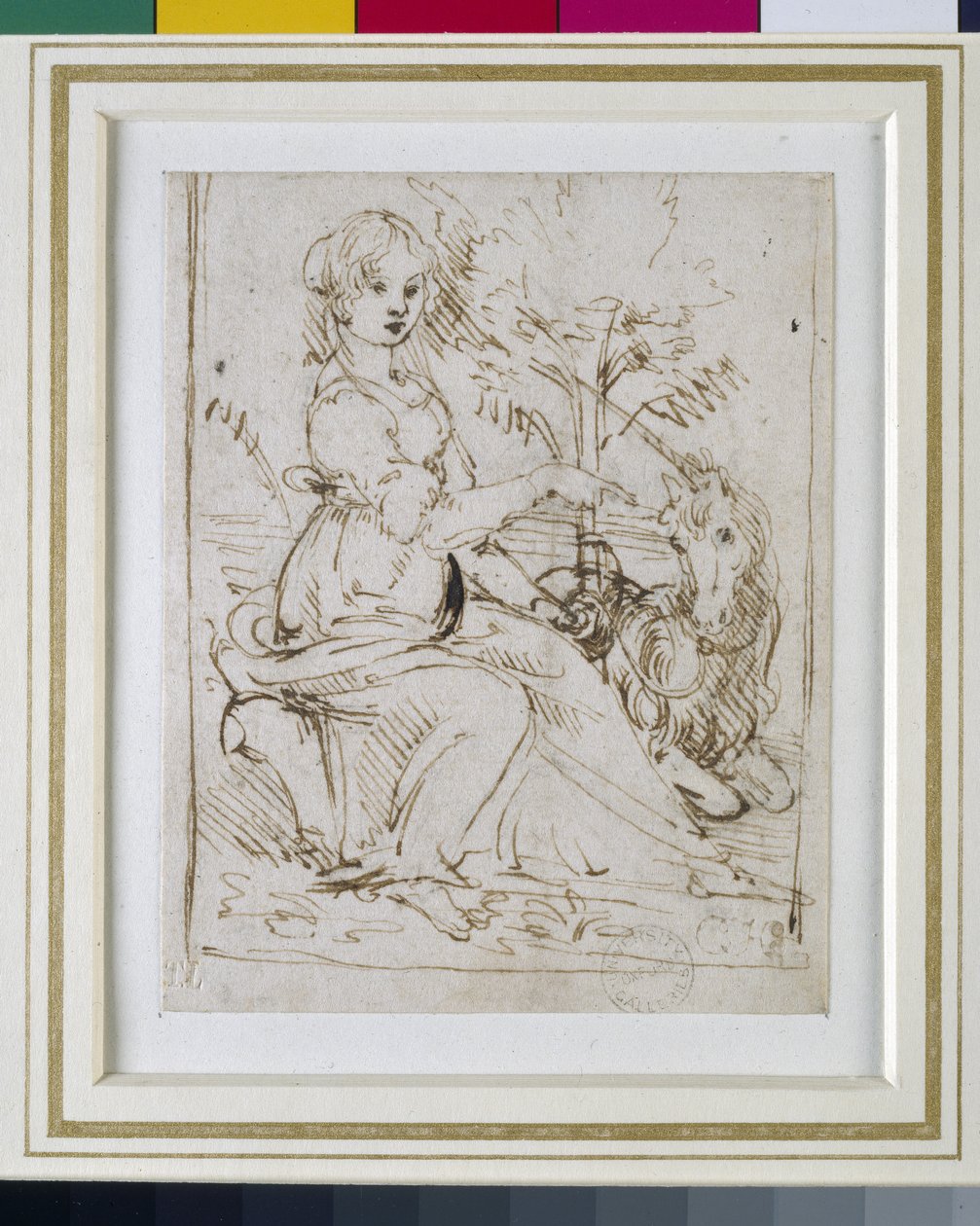 Dame med en enhjørning, ca. 1480 (penn og mørkebrunt blekk) av Leonardo da Vinci