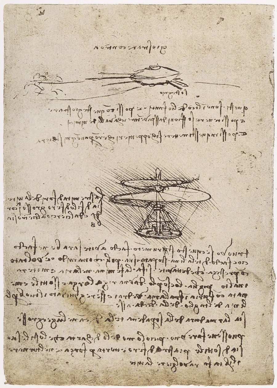 MS B 2173 fol. 83v Studier av en luftskrue, 1488-90 (penn og blekk på papir) (se også 162317) av Leonardo da Vinci