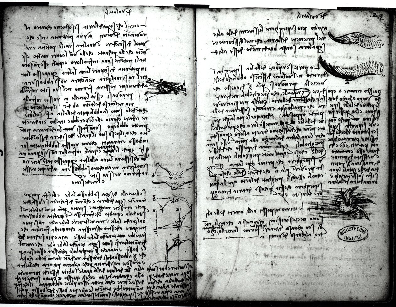 Paris-manuskript E, fol. 22v og 23r: Skisse av fuglenes flukt, 1513-14 av Leonardo da Vinci