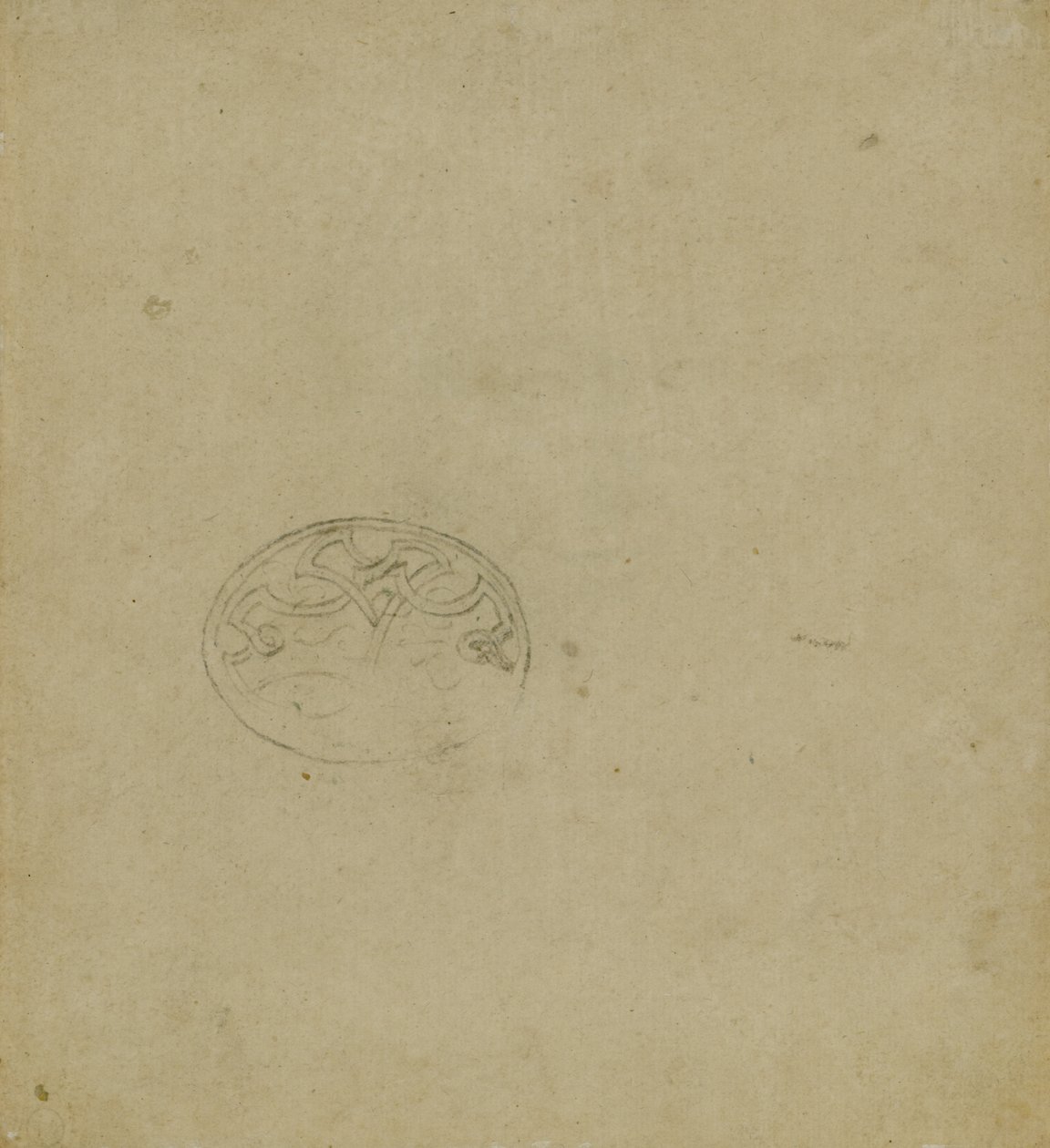 Skisse av prydmotiv innenfor oval, ca. 1483-1485? (penn og blekk på lyst okerfarget papir) av Leonardo da Vinci
