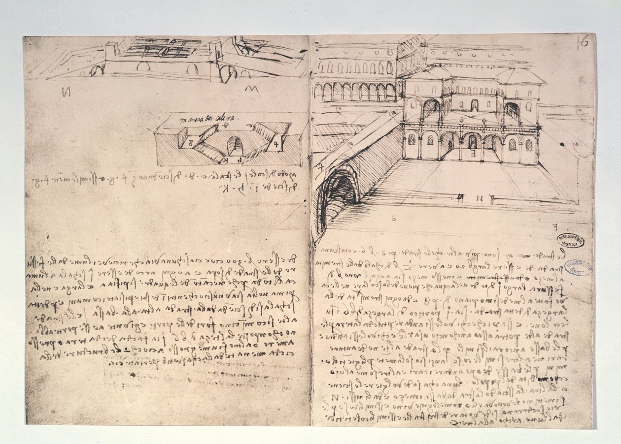 Trapp, fol. 15v, og arkitektonisk skisse for en 