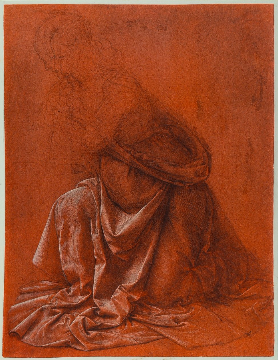 Studer for foldene til kjolen til en kvinnelig figur; silverpoint and wash-tegning forsterket med hvitt på rødt papir, av Leonardo da Vinci. Galleria Nazionale dArte Antica, Palazzo Corsini, Roma av Leonardo da Vinci