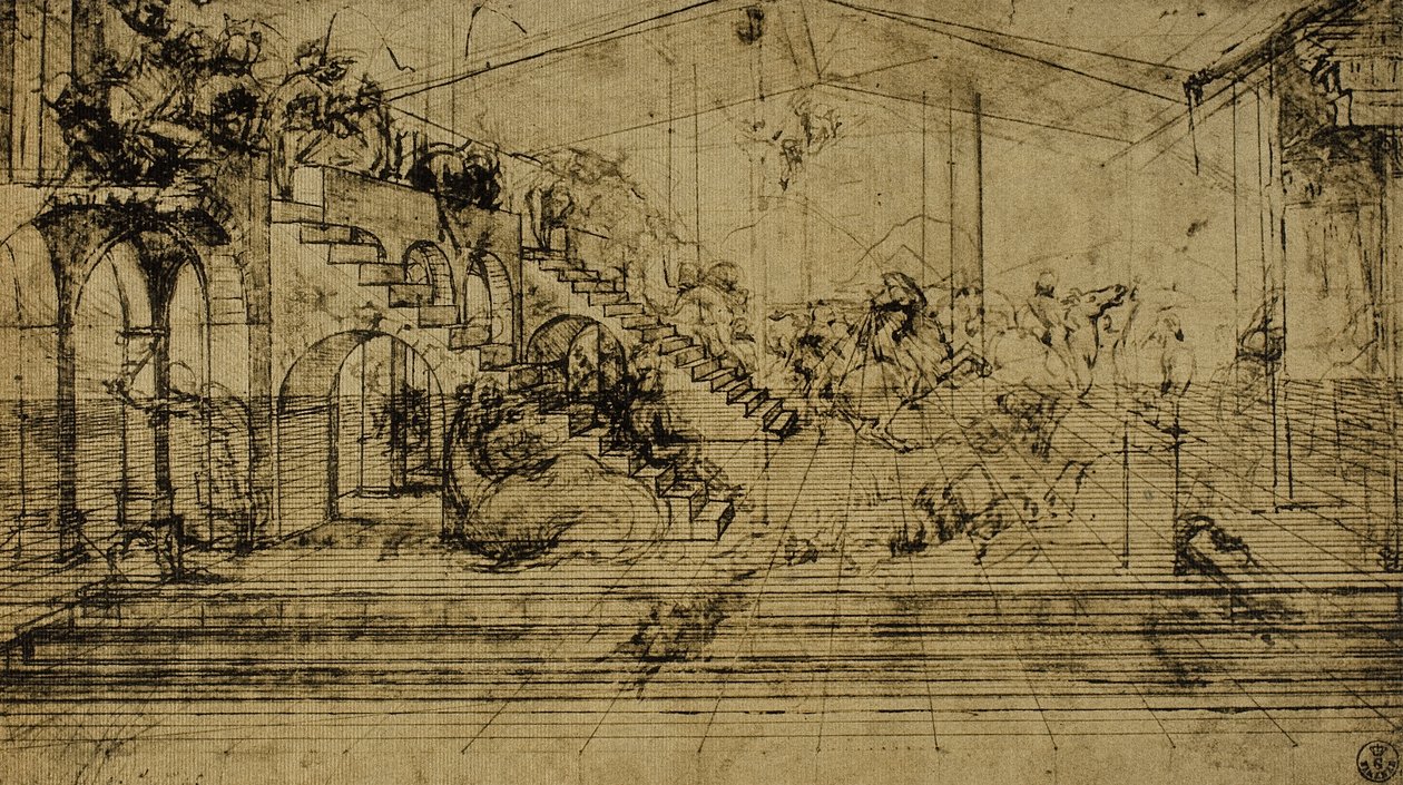 Studie av perspektiv, tegning av Leonardo da Vinci. Cabinet of Drawings and Prints, Uffizi Gallery, Firenze av Leonardo da Vinci