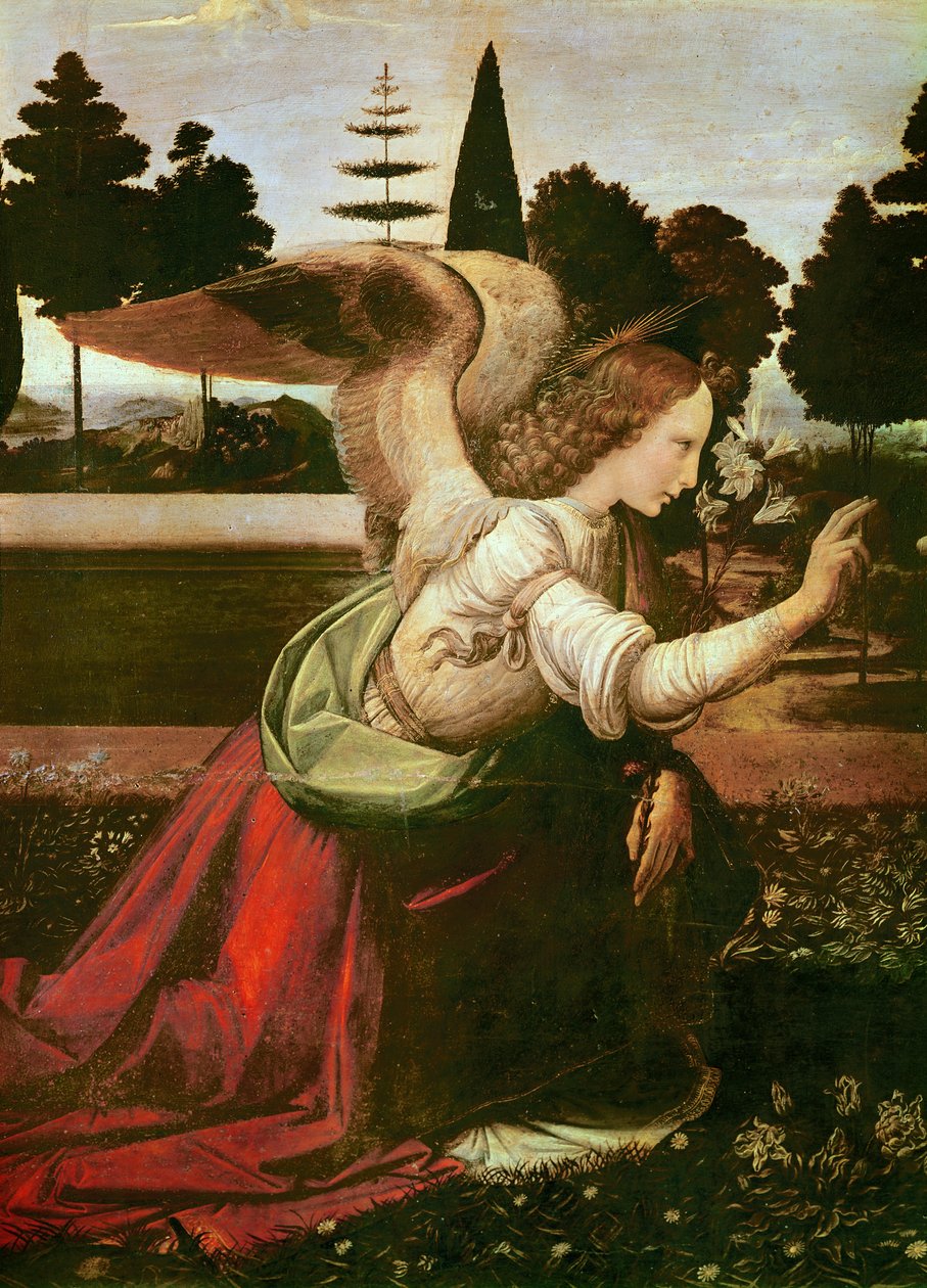 Bebudelsesdetaljen til engelen, ca. 1472-75 olje på tre av Leonardo da Vinci