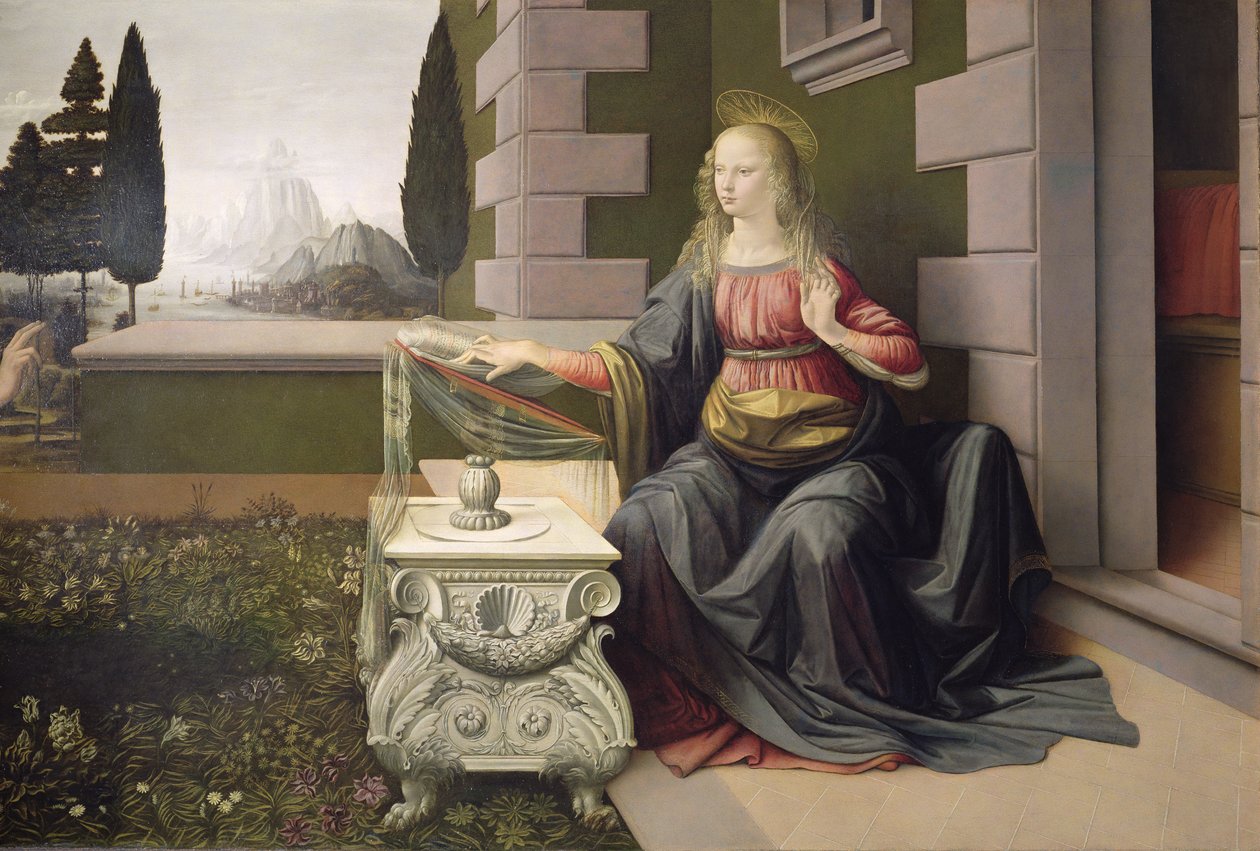Jomfru Maria, fra kunngjøringen, 1472-75 (detalj) (etter restaurering) av Leonardo da Vinci