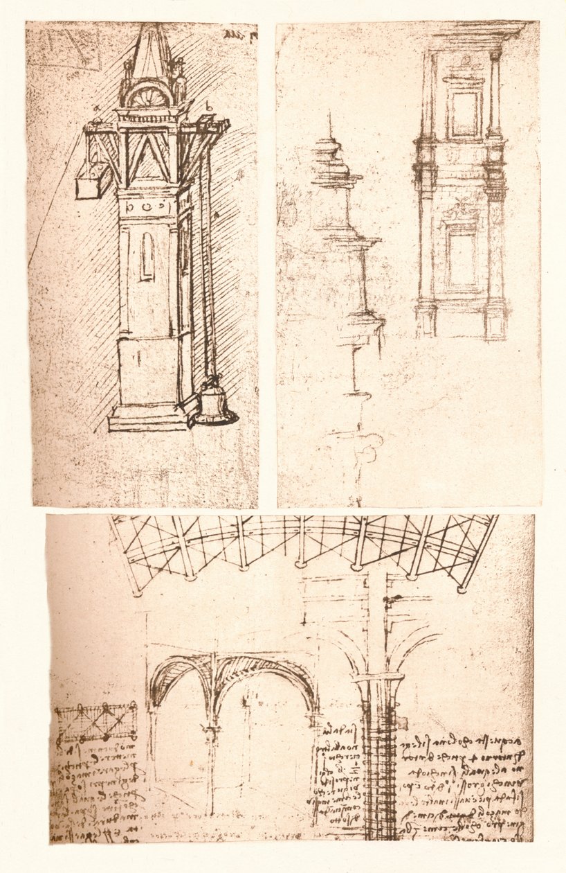 Tre arkitektoniske tegninger, c1472-c1519 1883 av Leonardo da Vinci