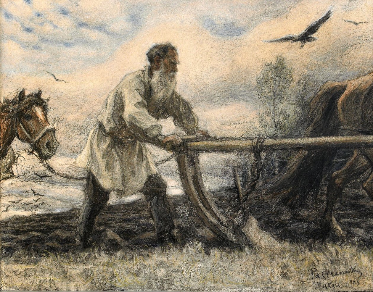 Lev Tolstoy ved plogen, 1903 av Leonid Osipovic Pasternak