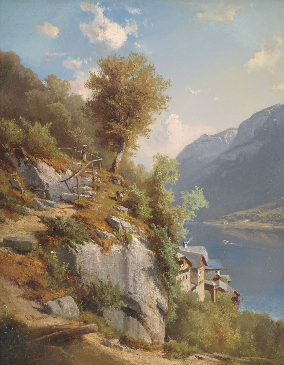 Sommerlandskap med utsikt over innsjøen Hallstatt av Leopold Munsch