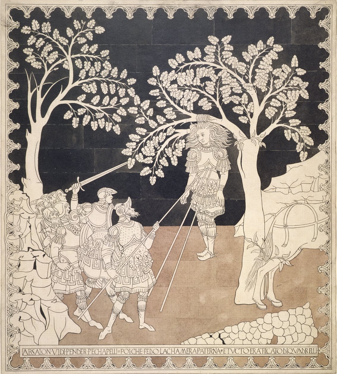 T.3836 The Death of Absolom, studie av gulvet i Siena-katedralen, ca. 1870 (blekk og vask) av Leopoldo Maccari