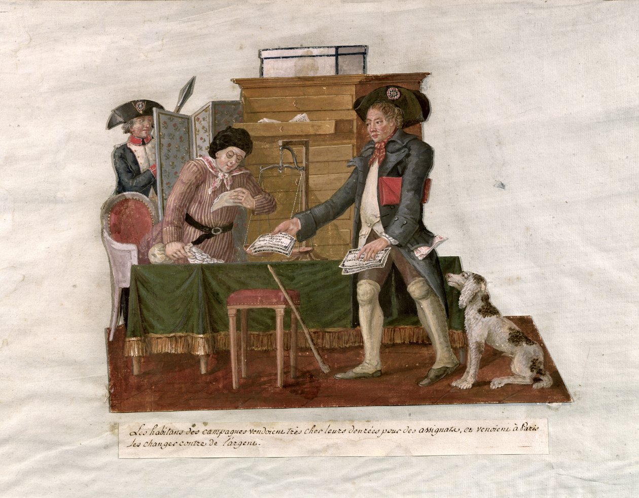 Fol.55 Country Folk and the Money Changer (gouache på kort) av Lesueur Brothers