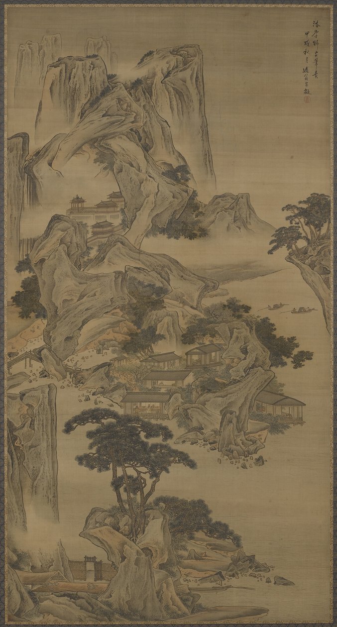 Pensjon ved elven, i stil med Li Tang, Qing-dynastiet, 1694 (blekk og farge på silke) av Li Yin