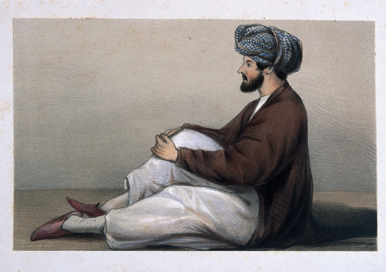 Major Chas Griffiths, 37th Native Infantry, sittende i afghansk kjole, 1842 av Lieutenant Vincent Eyre