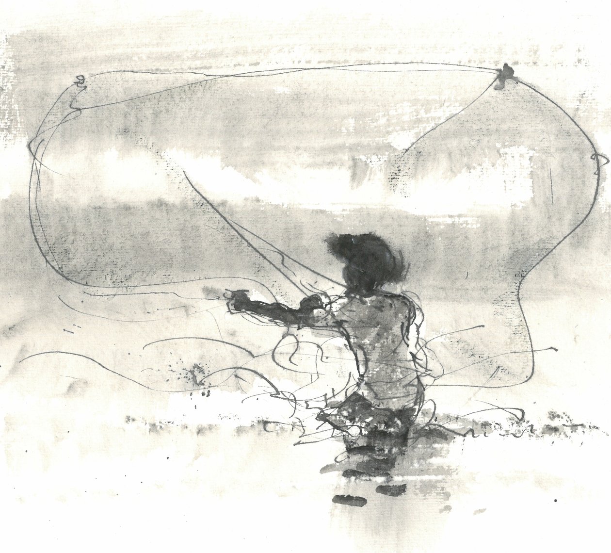 Fisherman, Sri Lanka, 2015 (penn og blekk med vask på papir) av Lincoln Seligman