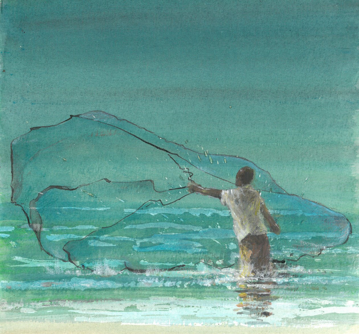 Lone Fisherman 3, 2015 (penn og blekk med wc på papir) av Lincoln Seligman