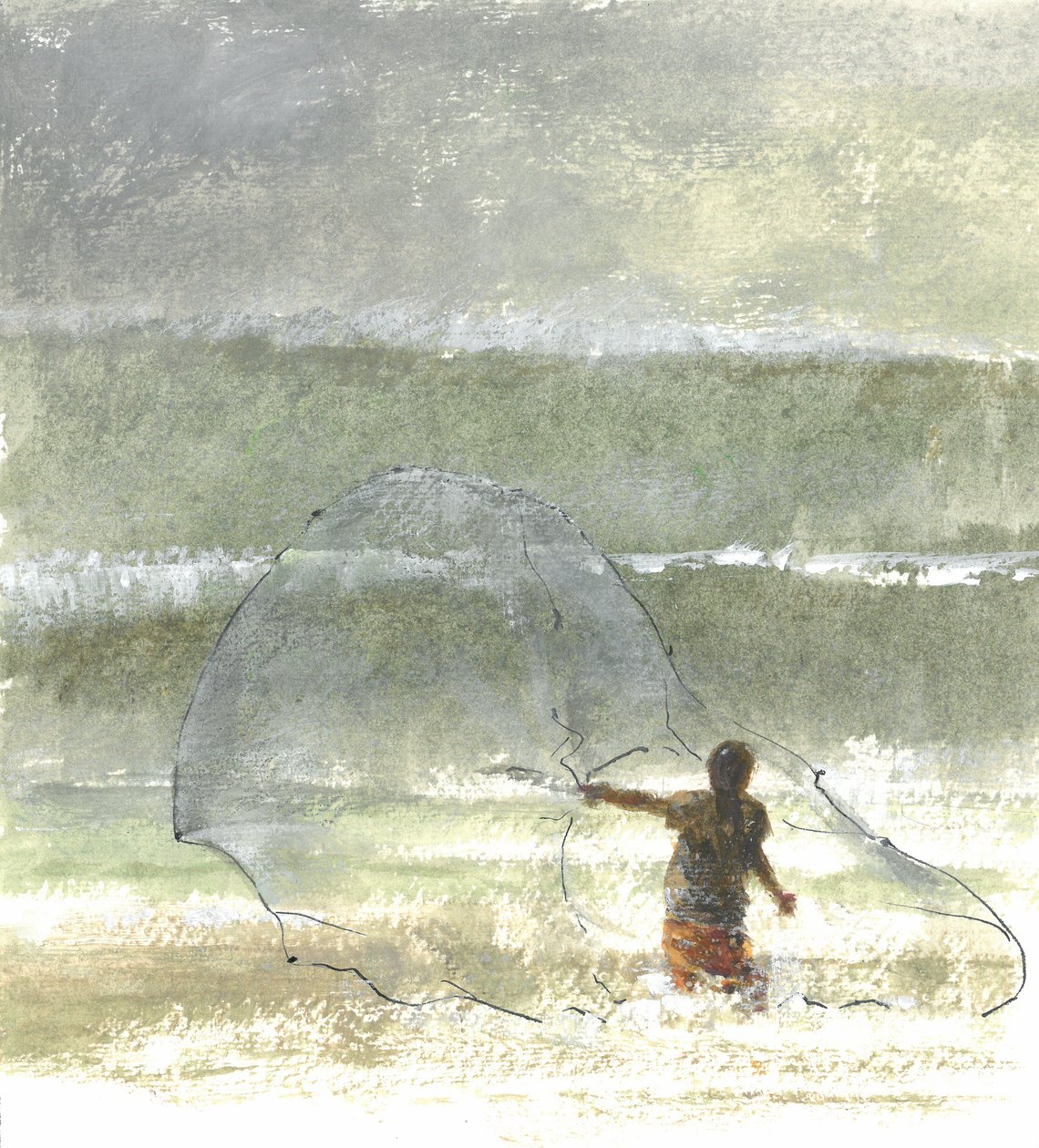 Lone Fisherman 4, 2015 (penn og blekk med wc på papir) av Lincoln Seligman