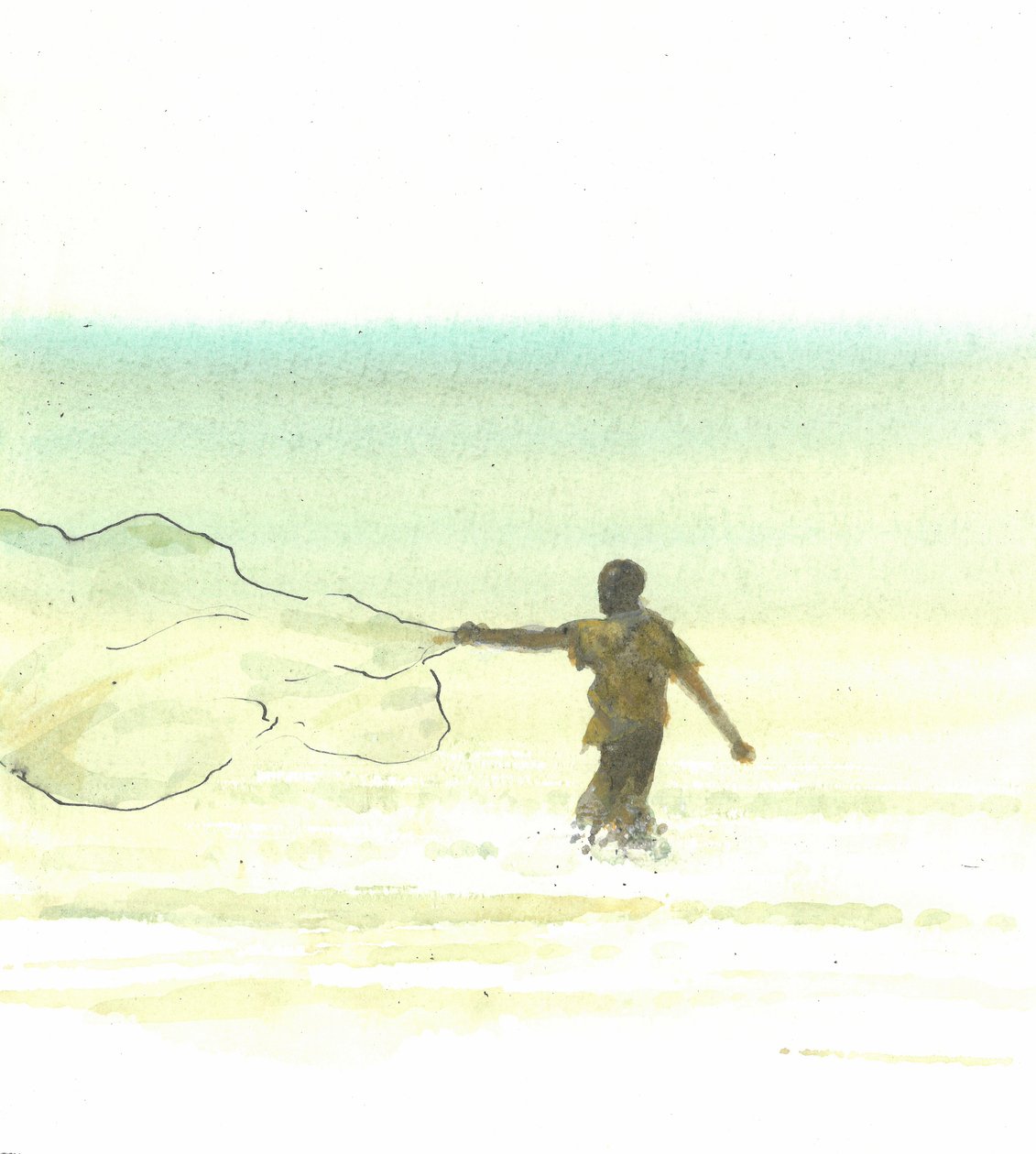 Lone Fisherman 6, 2015 (penn og blekk med wc på papir) av Lincoln Seligman