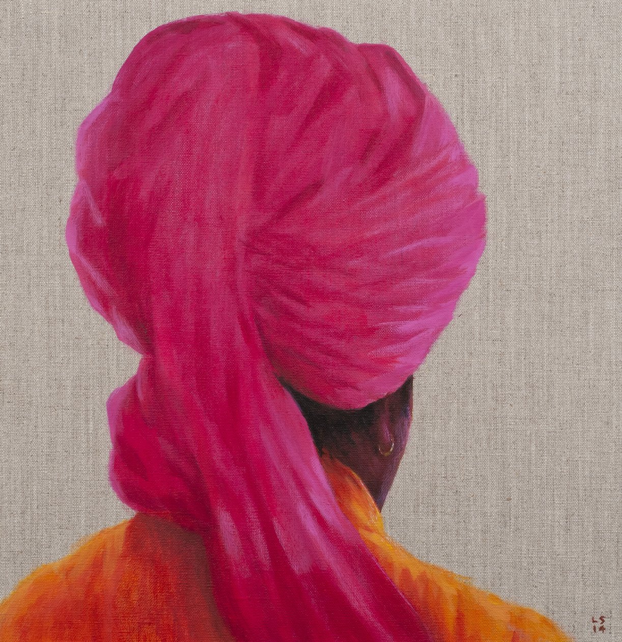Rosa turban, oransje jakke, 2014 av Lincoln Seligman