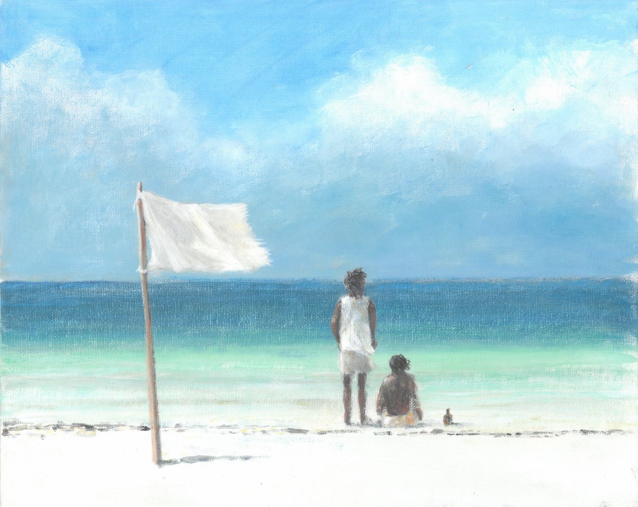 Boys on Beach, Kenya (akryl på papir) av Lincoln Seligman