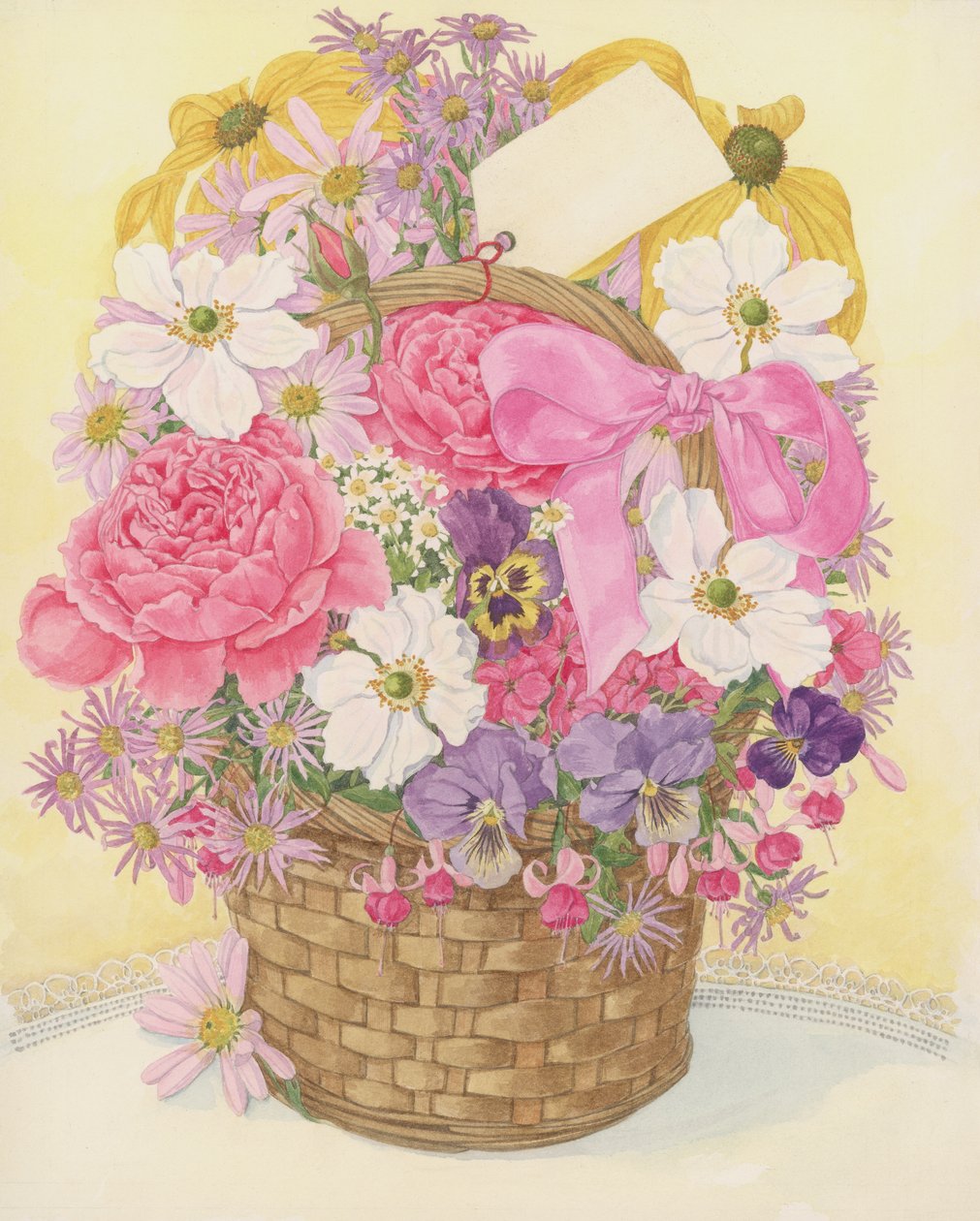 Basket of Flowers, 1995 (wc på papir) av Linda Benton