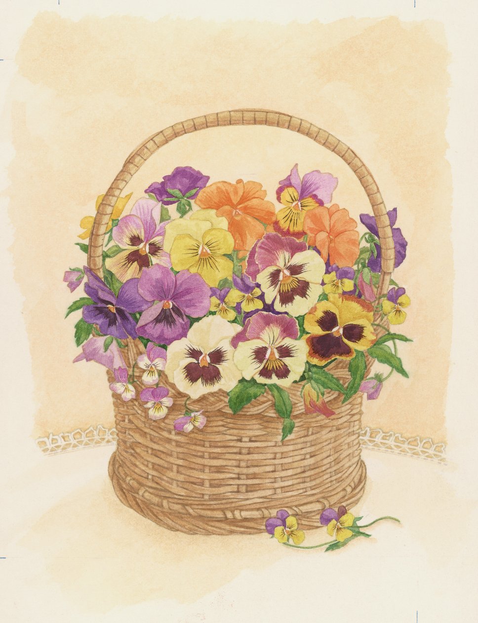 Basket of Pansies, 1998 (wc på papir) av Linda Benton