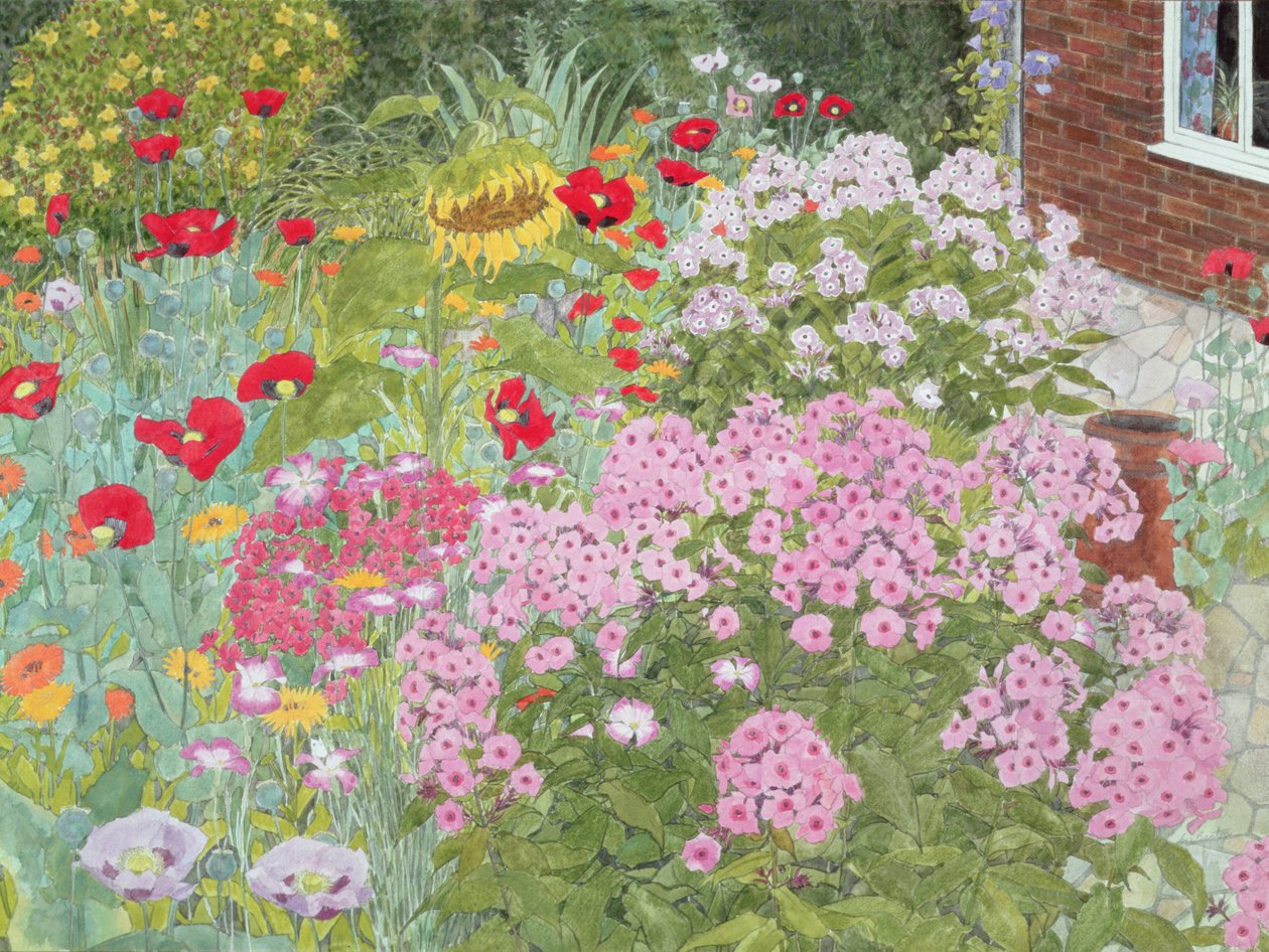 Blomsterkant med solsikke (wc på papir) av Linda Benton