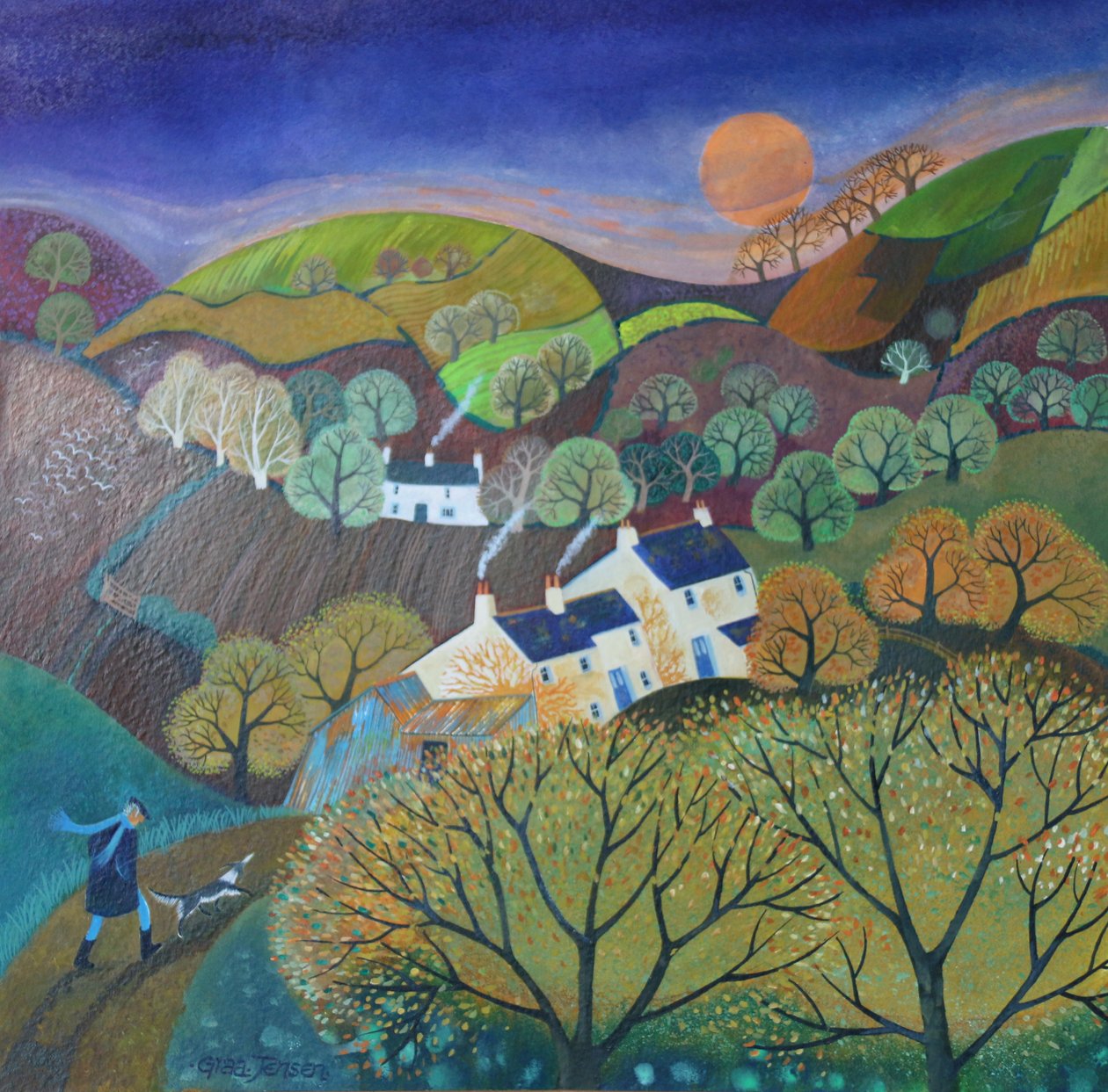 Evening Dog Walk, 2016, (akrylblekk på papir) av Lisa Graa Jensen