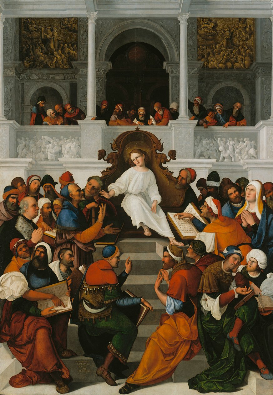 Den tolv år gamle Jesus underviser i templet av Lodovico Mazzolino